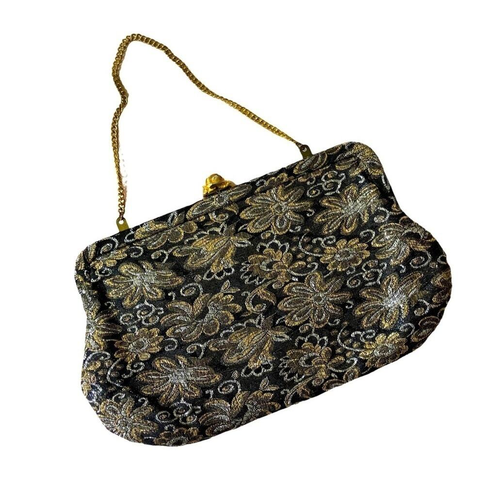 Vintage‎ Black Brocade Evening Purse – Gold Rose Clasp 60s Cocktail Handbag